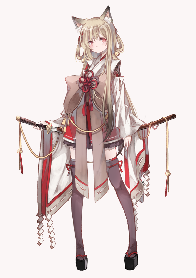 1girl, animal_ears, blonde_hair, blush, detached_sleeves, fox_ears, fox_girl, geta