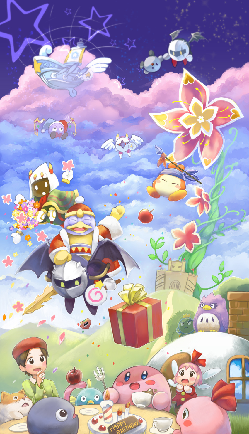 absurdres, adeleine, amripo, angel_wings, apple, bandanna, black_eyes, bow