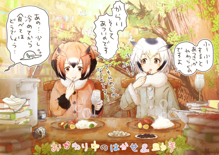 2girls, book, brown_eyes, brown_hair, buttons, coat, curry, curry_rice