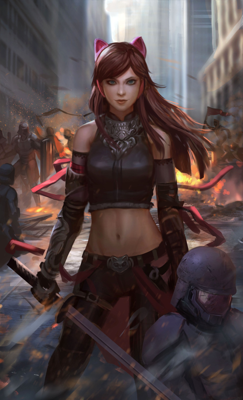 1girl, absurdres, andy_liong, animal_ears, armor, belt, blue_eyes, blurry