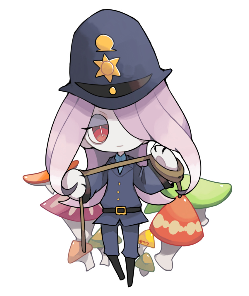 1girl, belt, chibi, hair_over_one_eye, highres, little_witch_academia, long_hair, m10, mushroom, no_nose, police, police_uniform, policewoman, purple_hair, red_eyes, rope, solo, sucy_manbavaran, twitter_username, uniform