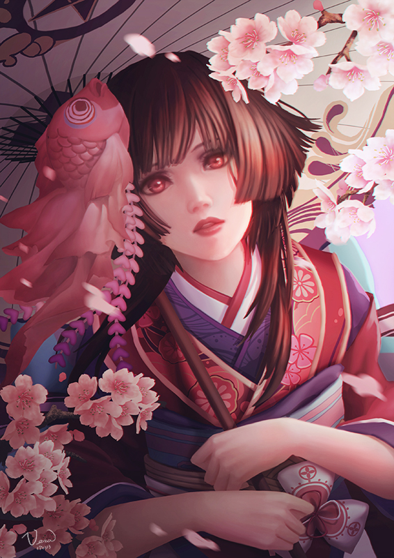 1girl, brown_eyes, cherry_blossoms, fish, goldfish, japanese_clothes, kimon, lips, looking_at_viewer, looking_up, obi, parted_lips, petals, red_eyes, sash, solo, umbrella, vera_(vera_alexs)