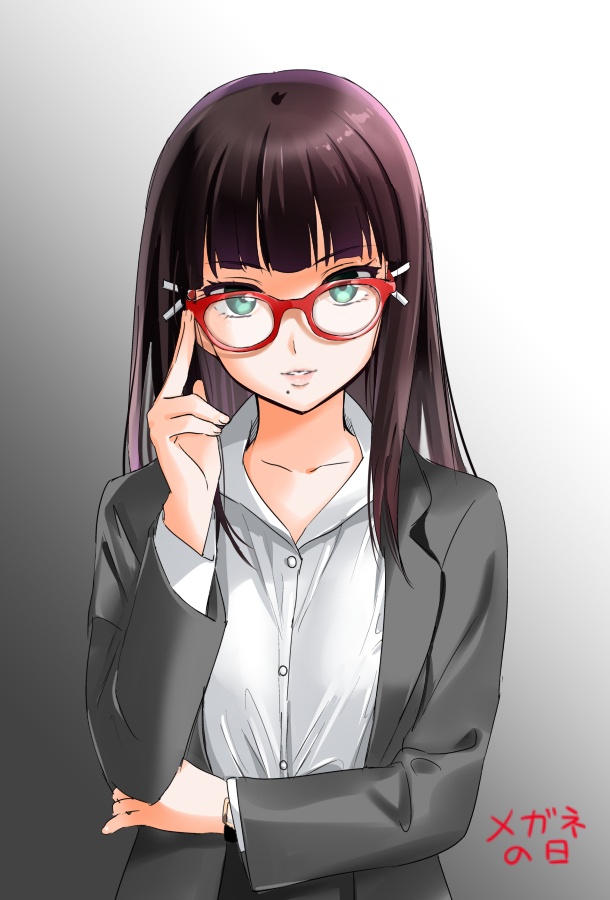 1girl, adjusting_glasses, bespectacled, black_hair, business_suit, commentary_request, dress_shirt, formal