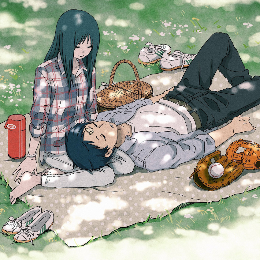 1boy, 1girl, ansatsu_kyoushitsu, barefoot, baseball, baseball_glove, basket, black_hair, closed_eyes, couple, feet, grass, hetero, highres, kanzaki_yukiko, lap_pillow, long_hair, picnic, picnic_basket, shishamo_(abc_shishamo), shoes_removed, sleeping, sugino_tomohito, thermos