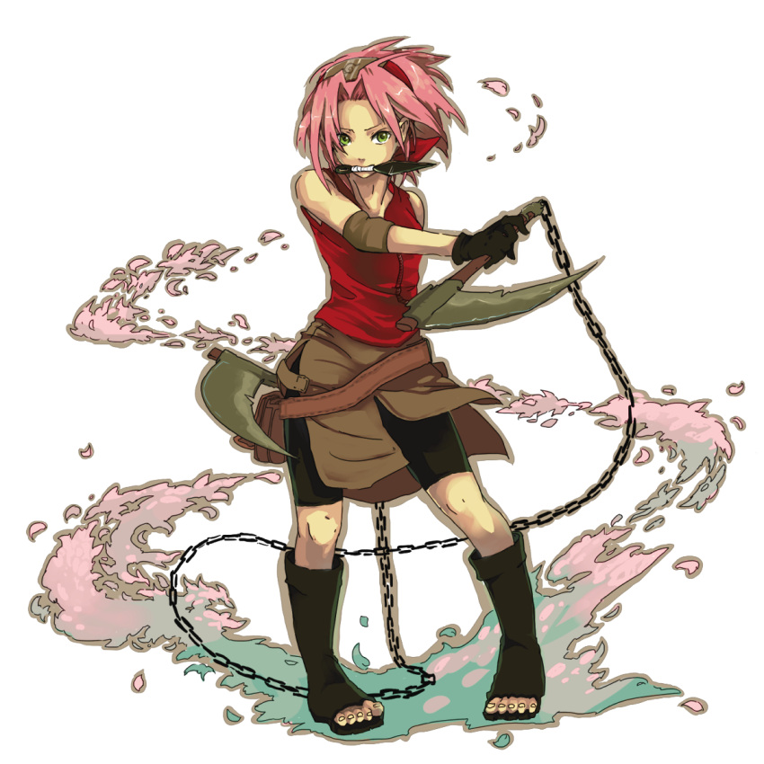 chain, chain_scythe, chains, green_eyes, haruno_sakura, highres, kunai, kusarigama