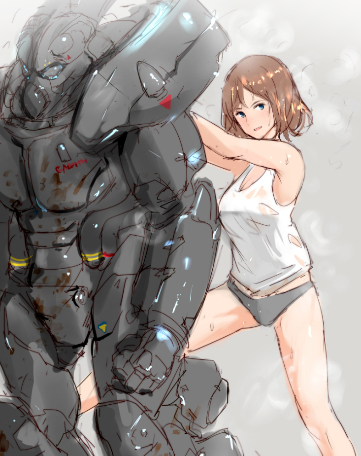1girl, bangs, blue_eyes, breasts, brown_hair, fallout_4, grey_panties, looking_at_viewer