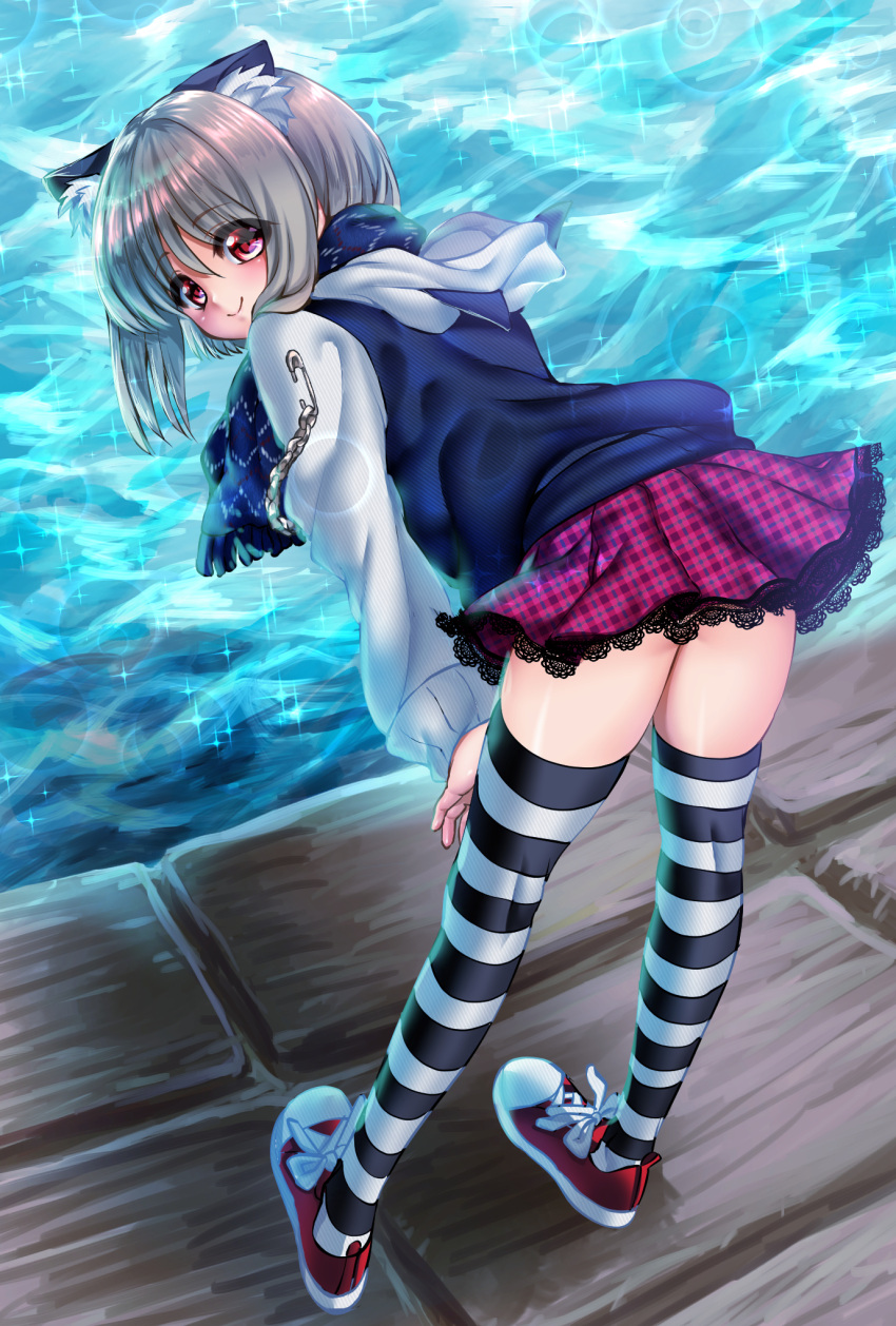 1girl, animal_ears, bent_over, cat_ears, chains, eyebrows_visible_through_hair, full_body, hands_on_legs, highres, hood, hoodie, lace, lace-trimmed_skirt, lens_flare, miginohito_mitsuru, original, plaid, plaid_skirt, red_eyes, red_shoes, safety_pin, scarf, shiny, shiny_hair, shoes, short_hair, silver_hair, skirt, smile, sneakers, solo, sparkle, striped, striped_legwear, thigh-highs, water