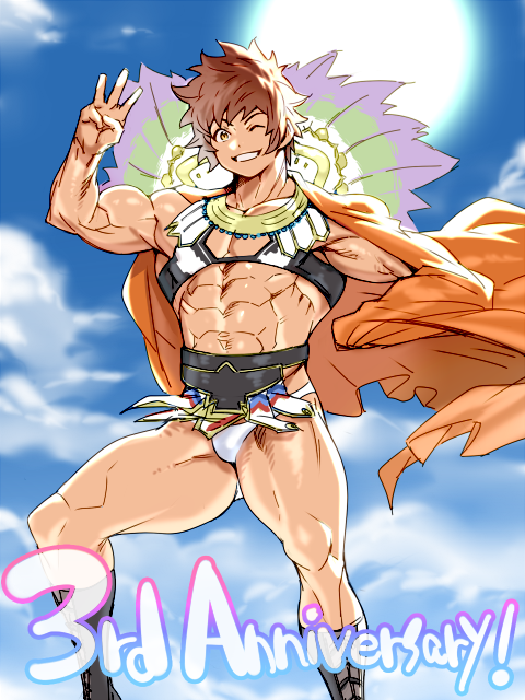 1boy, abs, anniversary, biceps, blue_dress, boots, brown_hair, cape