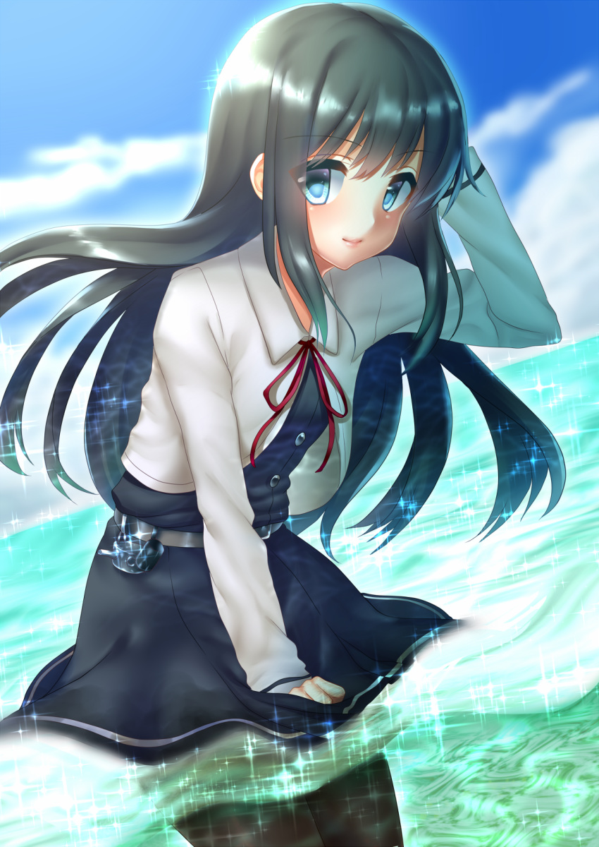 1girl, asashio_(kantai_collection), belt, black_hair, black_legwear, blue_eyes, dress, eyebrows_visible_through_hair