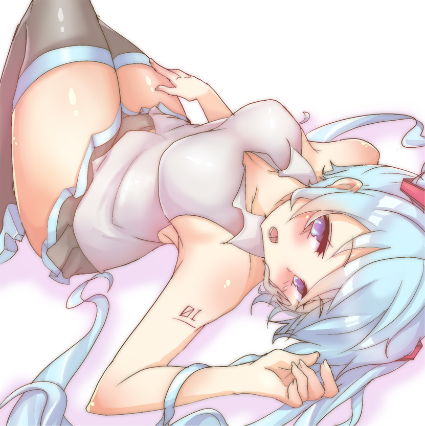 1girl, aqua_hair, blue_eyes, blush, hatsune_miku, kusoyuridanchi, long_hair, lying