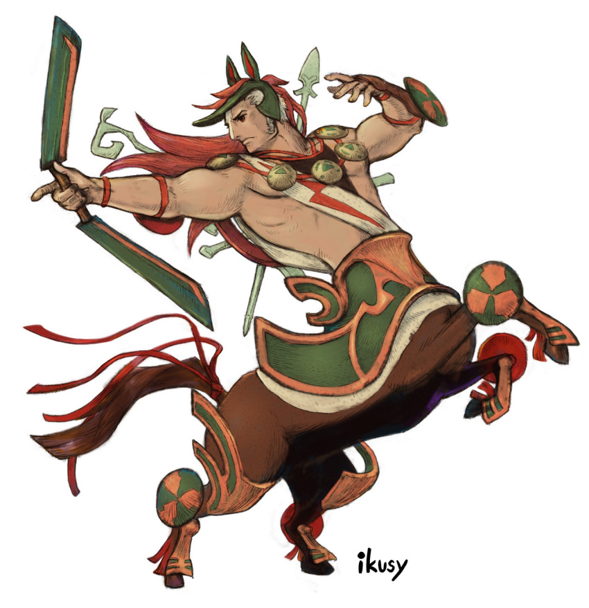 1boy, arrow, artist_name, blonde_hair, bow_(weapon), bravely_default_(series), bravely_second:_end_layer, brown_eyes, centaur, cu_chulainn_(bravely), dark_skin, dark_skinned_male, facial_tattoo, helmet, highres, ikusy, jewelry, male_focus, necklace, official_art, shirtless, simple_background, solo, tattoo, weapon, white_background