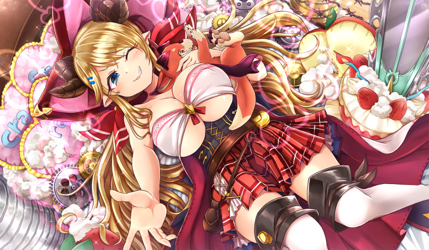 1girl, ;), blonde_hair, blue_eyes, blush, breasts, cleavage, doraf