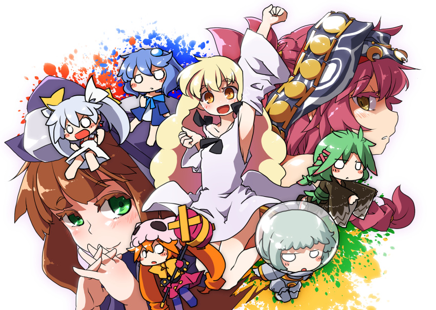 6+girls, akaino_(akaomi), astronaut_helmet, blonde_hair, blue_hair, blush, brown_hair, character_request
