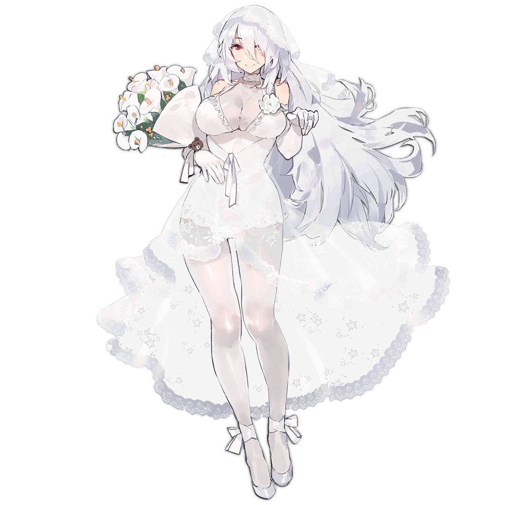 1girl, bear_hair_ornament, bouquet, breasts, bridal_veil, cala_lily, dress, flower
