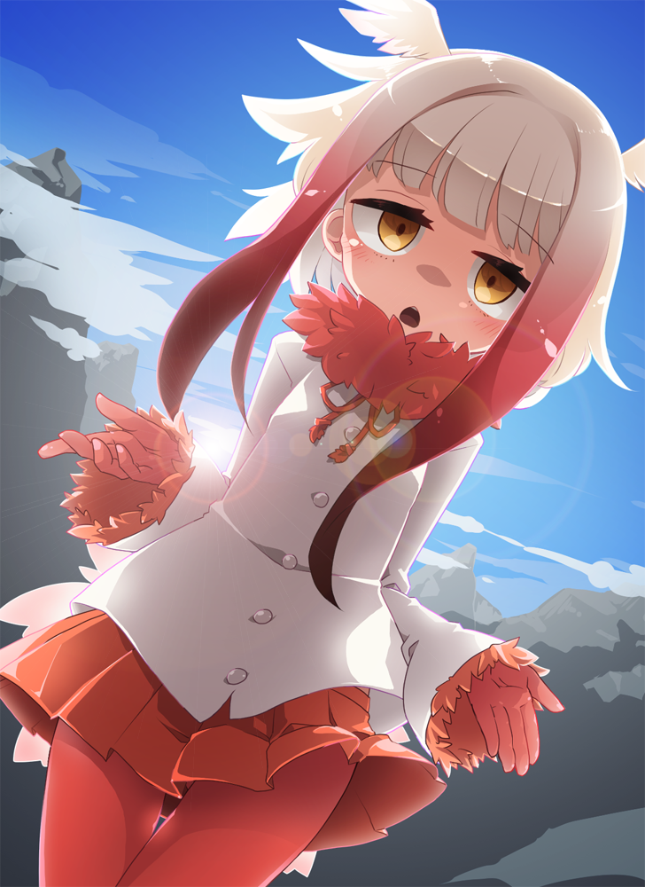 1girl, akaino_(akaomi), bangs, blunt_bangs, crested_ibis_(kemono_friends), dutch_angle, gloves, head_wings