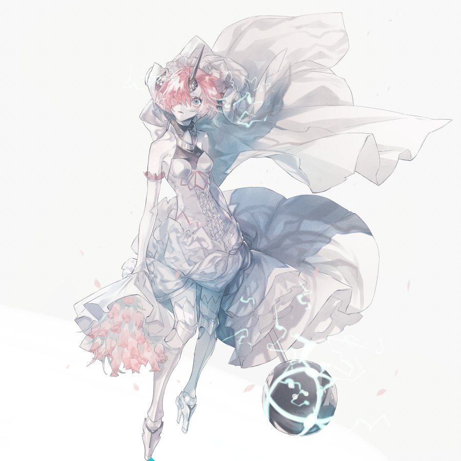 1girl, bare_shoulders, berserker_of_black, bouquet, bride, dress, electricity, fate/apocrypha