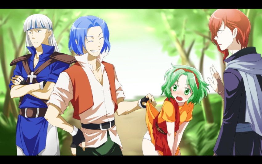 1girl, 3boys, assisted_exposure, blue_hair, blush, character_request, closed_eyes, dress