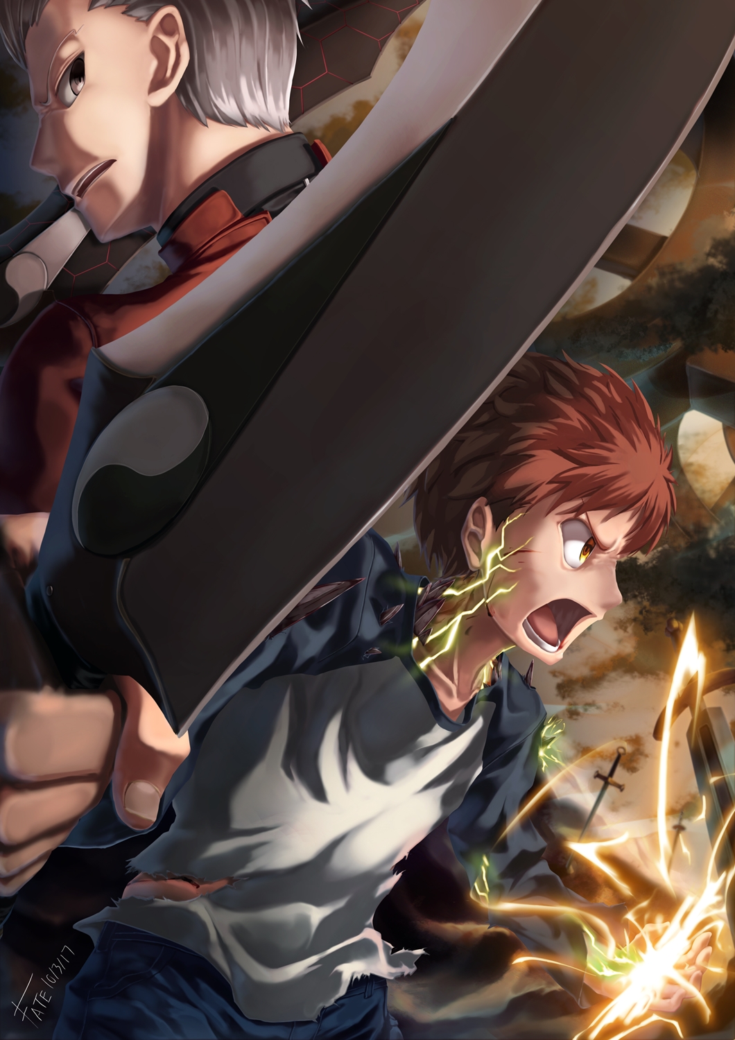 >:o, 2boys, :o, archer, brown_eyes, commentary_request, dated, ekusufeito, emiya_shirou, fate/stay_night, fate_(series), frown, gears, grey_hair, highres, kanshou_&amp;_bakuya, long_sleeves, looking_away, looking_back, magic, magic_circle, multiple_boys, open_mouth, orange_hair, profile, raglan_sleeves, spoilers, sword, unlimited_blade_works, weapon, yellow_eyes