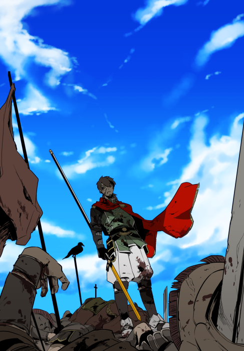 battlefield, bird, blood, bloody_clothes, blue_sky, cape, corpse, facial_hair, fate/grand_order, fate_(series), flag, goatee, hector_(fate/grand_order), polearm, sake_(kadai), sky, spear, weapon