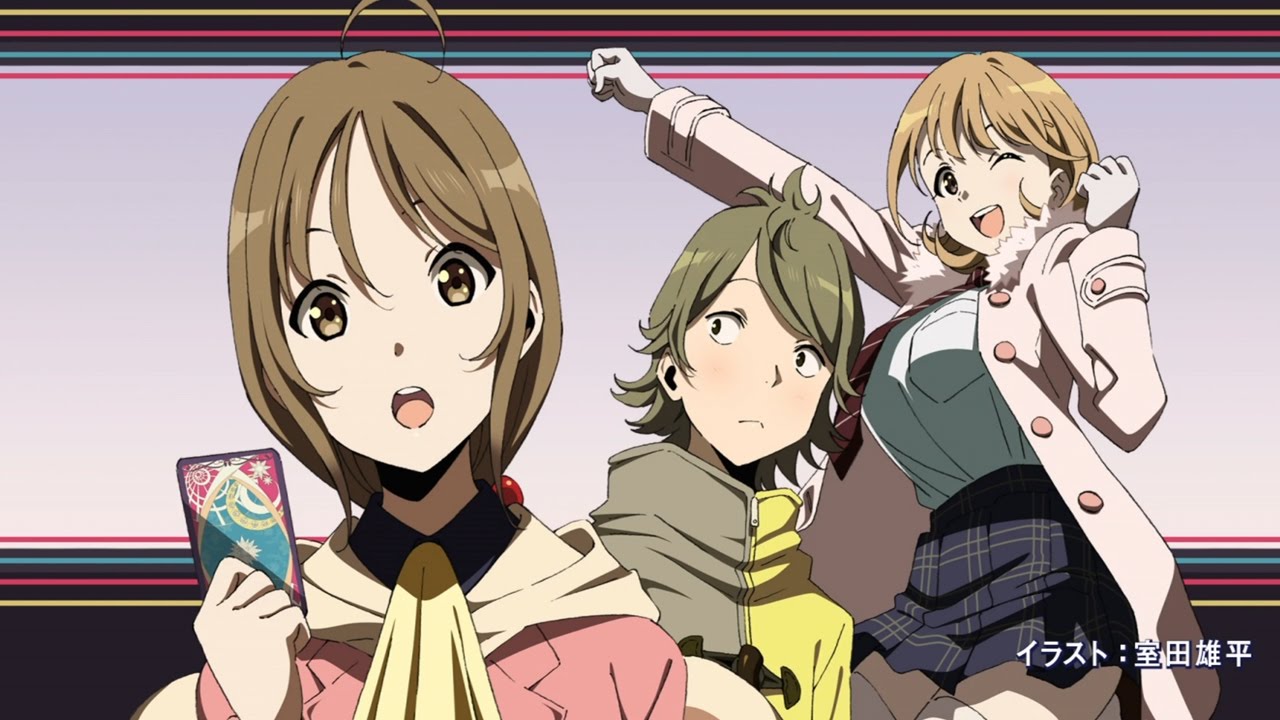 1boy, 2girls, :d, ;d, ahoge, aikawa_miyuu, arm_up, artist_name