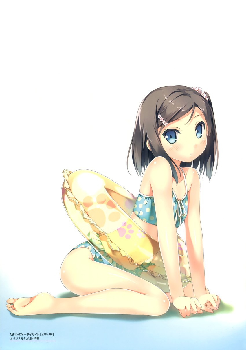 1girl, absurdres, barefoot, bikini, black_hair, blue_bikini, blue_eyes, collarbone