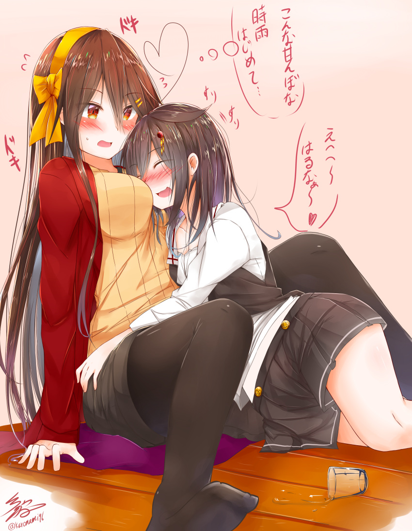 2girls, absurdres, ahoge, alternate_costume, alternate_hairstyle, between_breasts, blush, brown_hair