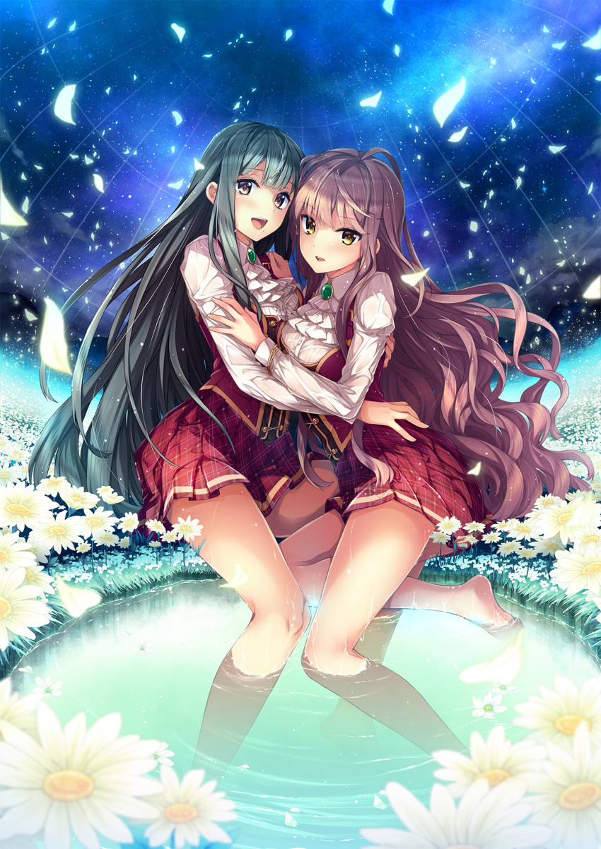 2girls, :d, bare_legs, barefoot, black_hair, blush, brooch, brown_eyes