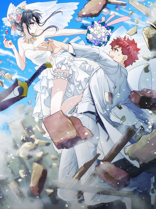 akao_ppai, black_hair, breasts, bridal_veil, bride, couple, dress, emiya_shirou