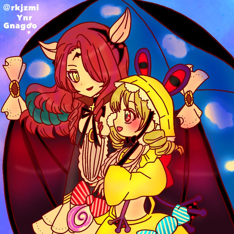 2girls, blonde_hair, cape, drill_hair, horns, lady_proud, mahou_shoujo_ikusei_keikaku, mahou_shoujo_ikusei_keikaku_jokers, midriff, moka_panda, multiple_girls, red_eyes, redhead, slit_pupils, smile, umbrain, umbrella, yellow_eyes