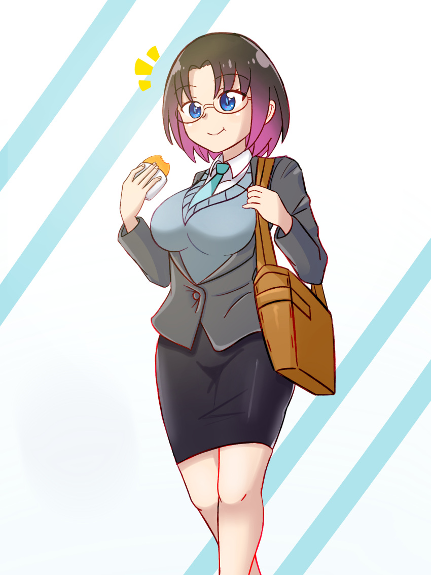 /\/\/\, 1girl, :t, absurdres, bag, black_hair, blue_eyes, breasts, collared_shirt, croquette, eating, elma_(maidragon), food, glasses, gradient_ray, highres, kobayashi-san_chi_no_maidragon, large_breasts, multicolored_hair, necktie, shirt, short_hair, skirt, solo