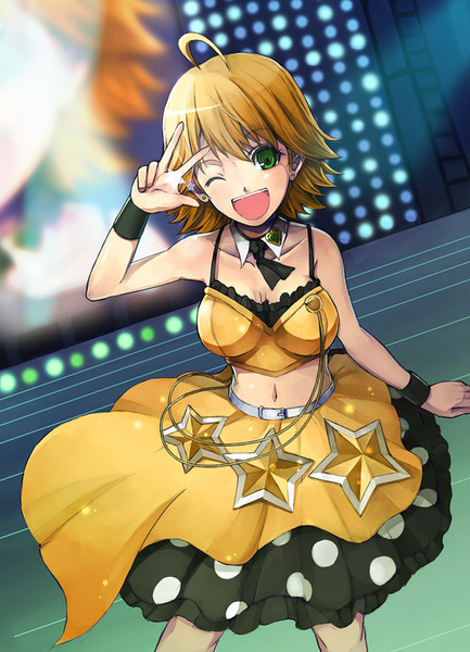ahoge, blonde_hair, green_eyes, hoshii_miki, hoshii_miki_(awakened), idolmaster, live_for_venus, open_mouth
