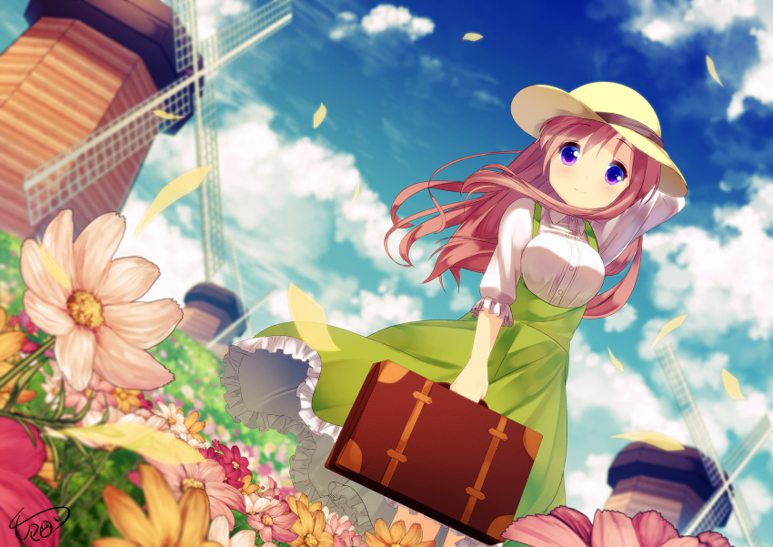 1girl, arm_up, bangs, blue_sky, blush, breasts, buttons, carrying