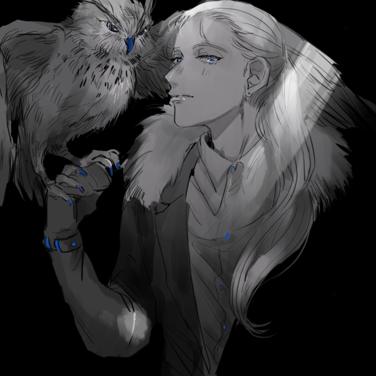 1boy, bird, bird_on_hand, blue_eyes, male_focus, monochrome, owl, ponytail