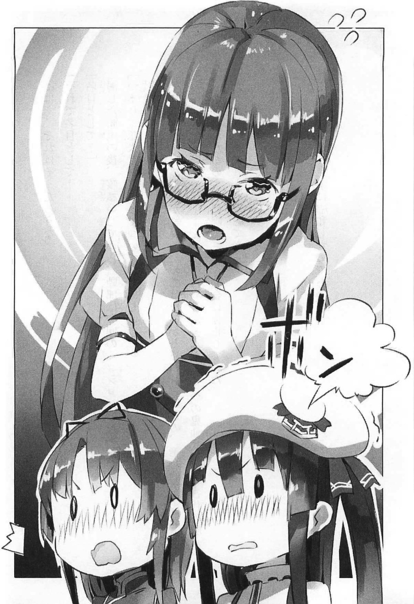 cross_regalia, glasses, hair_ribbon, haji_sayaka, hat, highres, long_hair, monochrome