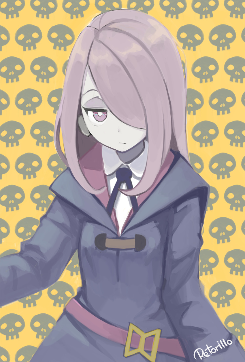 1girl, artist_name, commentary_request, dress, hair_over_one_eye, highres, little_witch_academia, long_hair, long_sleeves, purple_hair, retorillo, solo, sucy_manbavaran, upper_body, violet_eyes, yellow_background