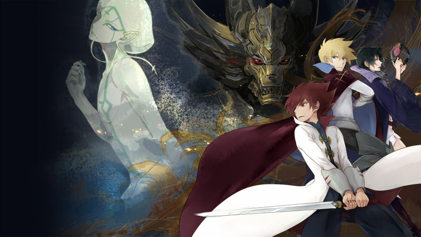 1girl, 3boys, alfonso_san_valiante, belt, blonde_hair, cape, collar, commentary_request