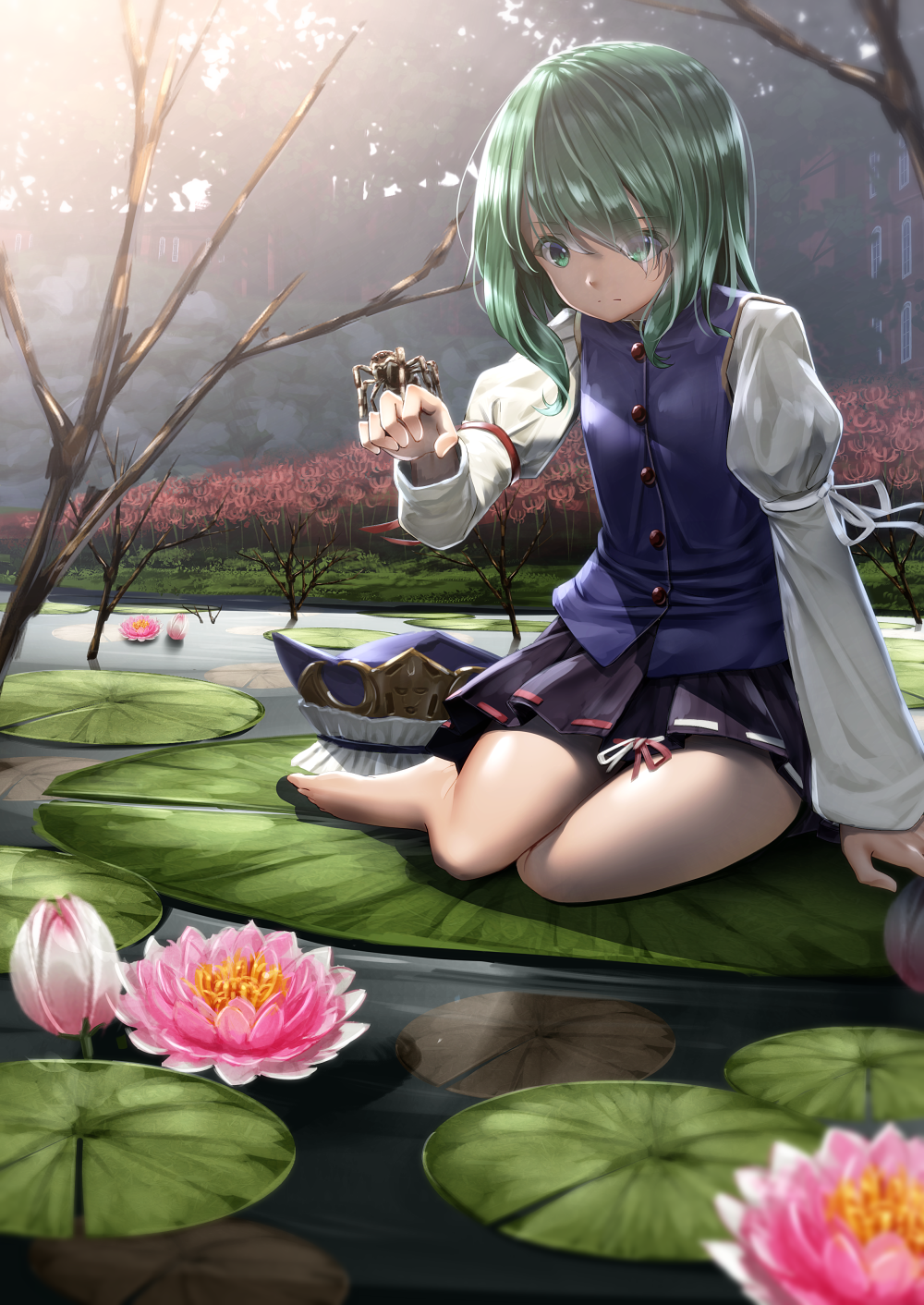 1girl, bangs, bare_legs, barefoot, black_skirt, buttons, flower, flower_field, green_eyes, green_hair, hat, hat_removed, headwear_removed, highres, lily_pad, long_sleeves, lotus, miniskirt, nature, outdoors, pink_flower, pleated_skirt, puffy_long_sleeves, puffy_sleeves, ribbon-trimmed_skirt, ryosios, shiki_eiki, shiny, shiny_hair, sitting, skirt, solo, spider, spider_lily, touhou, two-tone_flower, vest, water, yokozuwari