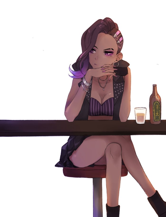 1girl, alcohol, alternate_costume, ankle_boots, arm_support, asymmetrical_hair, bare_shoulders, bikini