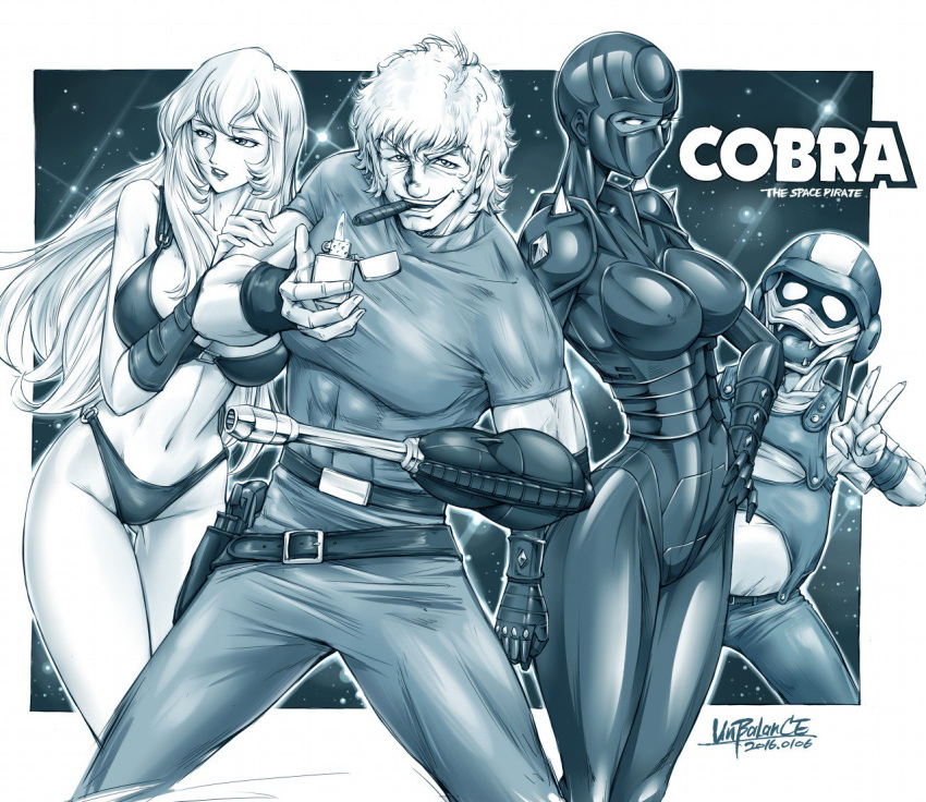 1boy, 2girls, arm_cannon, artist_name, belt, bikini, bodysuit, breasts, character_request, cigar, cobra, dated, grin, highleg, highleg_bikini, large_breasts, lighter, lips, long_hair, multiple_girls, navel, parted_lips, psychogun, smile, space_adventure_cobra, swimsuit, unbalance, v, weapon, wristband