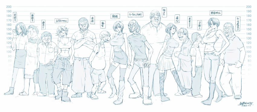 6+boys, 6+girls, ahoge, aizawa_asahi_(unbalance), apron, arms_behind_back, artist_name, bald
