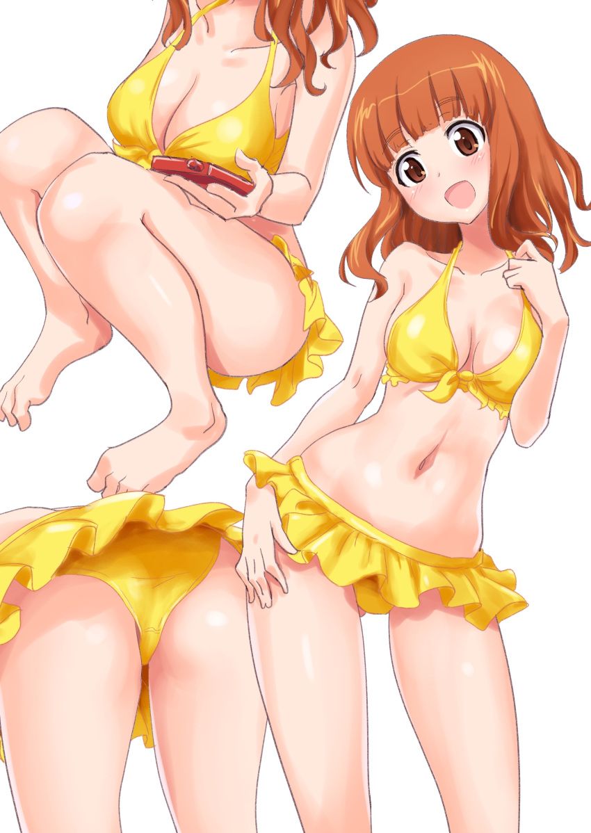 1girl, ass, bare_legs, barefoot, bent_over, bikini, breasts, brown_eyes