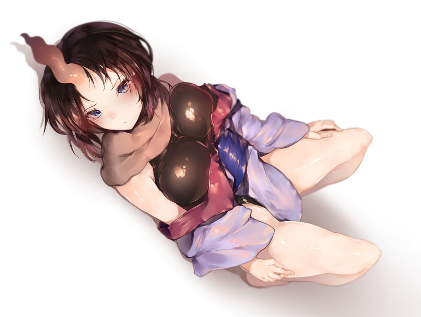 1girl, bare_shoulders, barefoot, black_hair, black_leotard, blue_eyes, breasts, closed_mouth