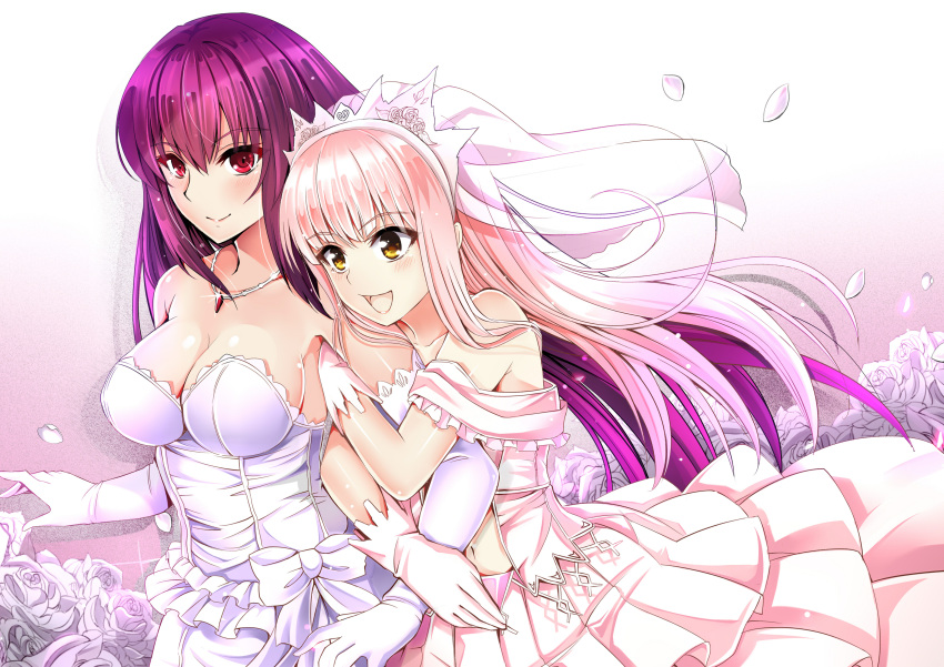 2girls, :d, absurdres, alternate_costume, arm_hug, bangs, bare_shoulders, blunt_bangs