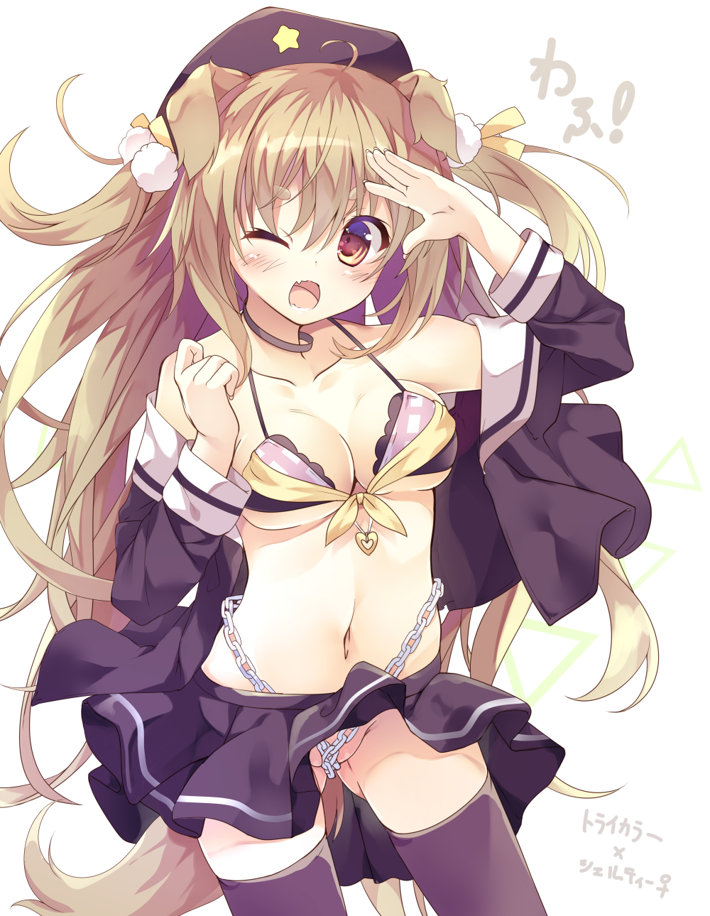1girl, ;d, ahoge, animal_ears, arm_up, bangs, beret, bikini