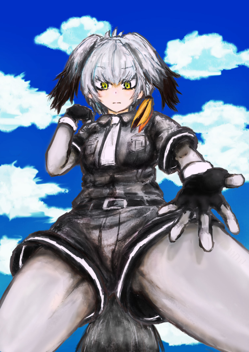 1girl, bangs, belt, bird_tail, black_gloves, black_hair, blue_sky, bodystocking