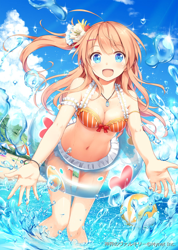 1girl, akkijin, alchemist_(shinkai_no_valkyrie), beach, bikini, blonde_hair, blue_eyes, blush