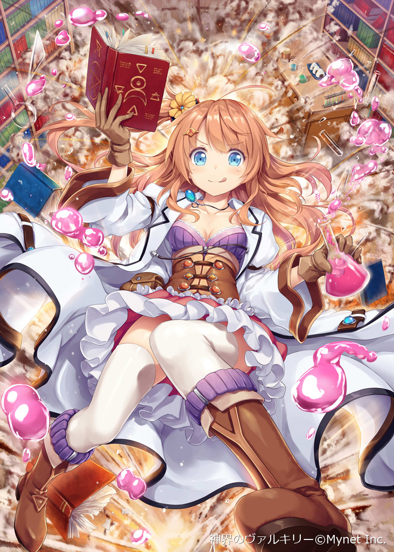 1girl, :p, akkijin, alchemist, alchemist_(shinkai_no_valkyrie), blue_eyes, blush, boots