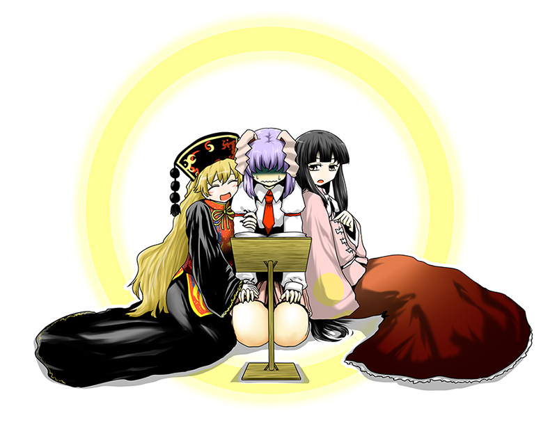 3girls, animal_ears, black_dress, black_hair, black_hat, blonde_hair, book, book_stand