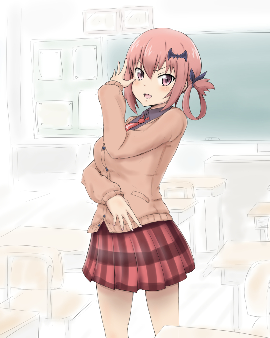 1girl, bat_hair_ornament, bow, bowtie, cardigan, chair, chalkboard, classroom