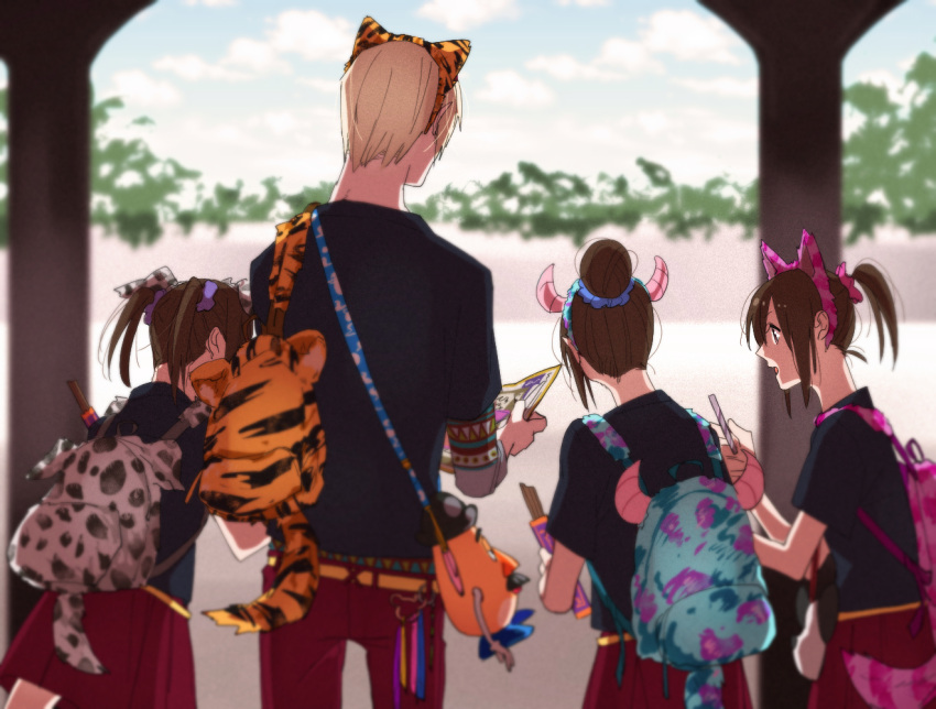 101_dalmatians, 1boy, 3girls, alice_in_wonderland, animal_ears, backpack, bag, blonde_hair, brown_eyes, cat_ears, cheshire_cat, con_potata, disney, dog_ears, fake_animal_ears, fake_horns, from_behind, hair_bun, james_p._sullivan, monsters_inc., mr._potato_head, multiple_girls, nishigoori_axel, nishigoori_loop, nishigoori_lutz, older, pixar, ponytail, skirt, teenage, tigger, toy_story, twintails, winnie_the_pooh, yuri!!!_on_ice, yuri_plisetsky